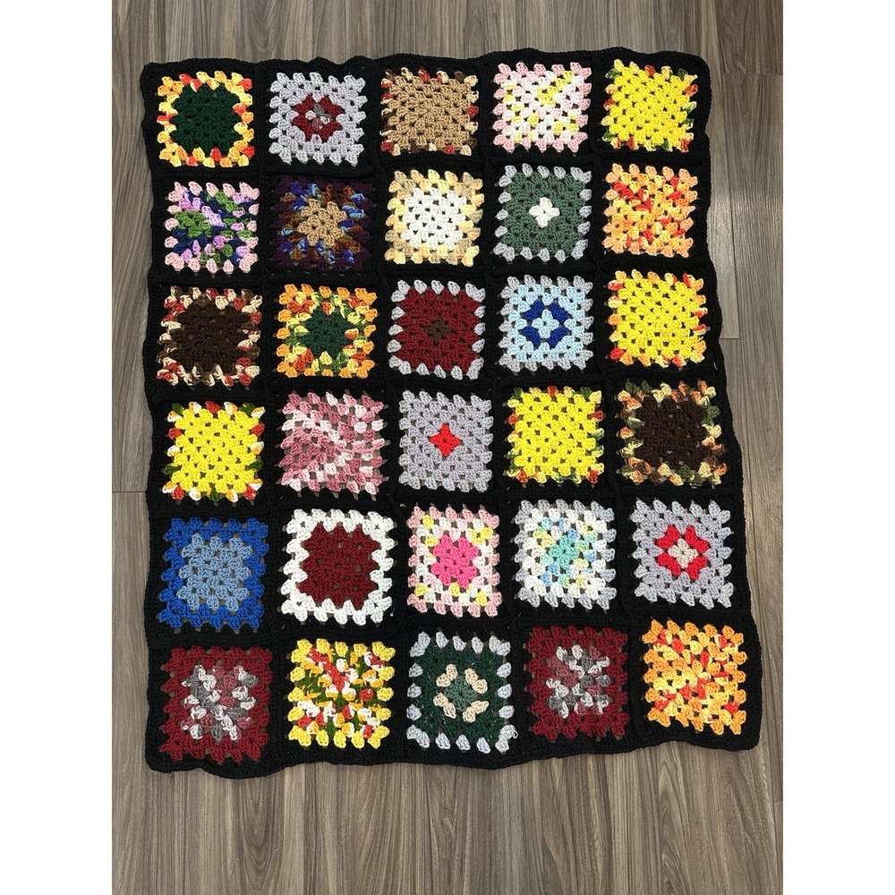 Granny Square Throw Blanket Crochet Afghan Vintage Black 70s Rosanne TV Big Bang